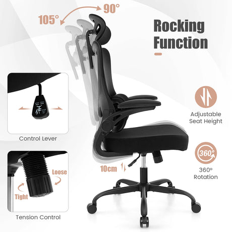 Mesh Office Chair with Adaptive Lumbar Support, Flip-up Armrests, Reclining Backrest-Black