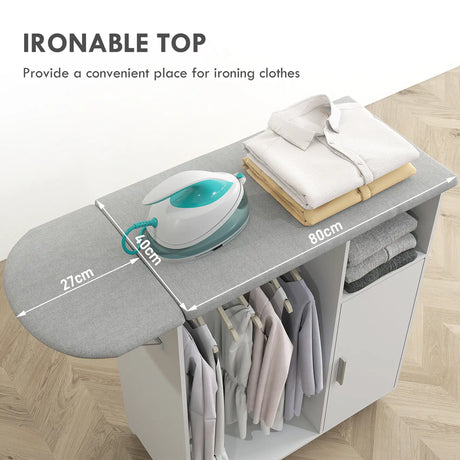 HOMCOM Rolling Ironing Board Cabinet, Foldable Ironing Station with Storage, Wheels for Home, Laundry Room, White