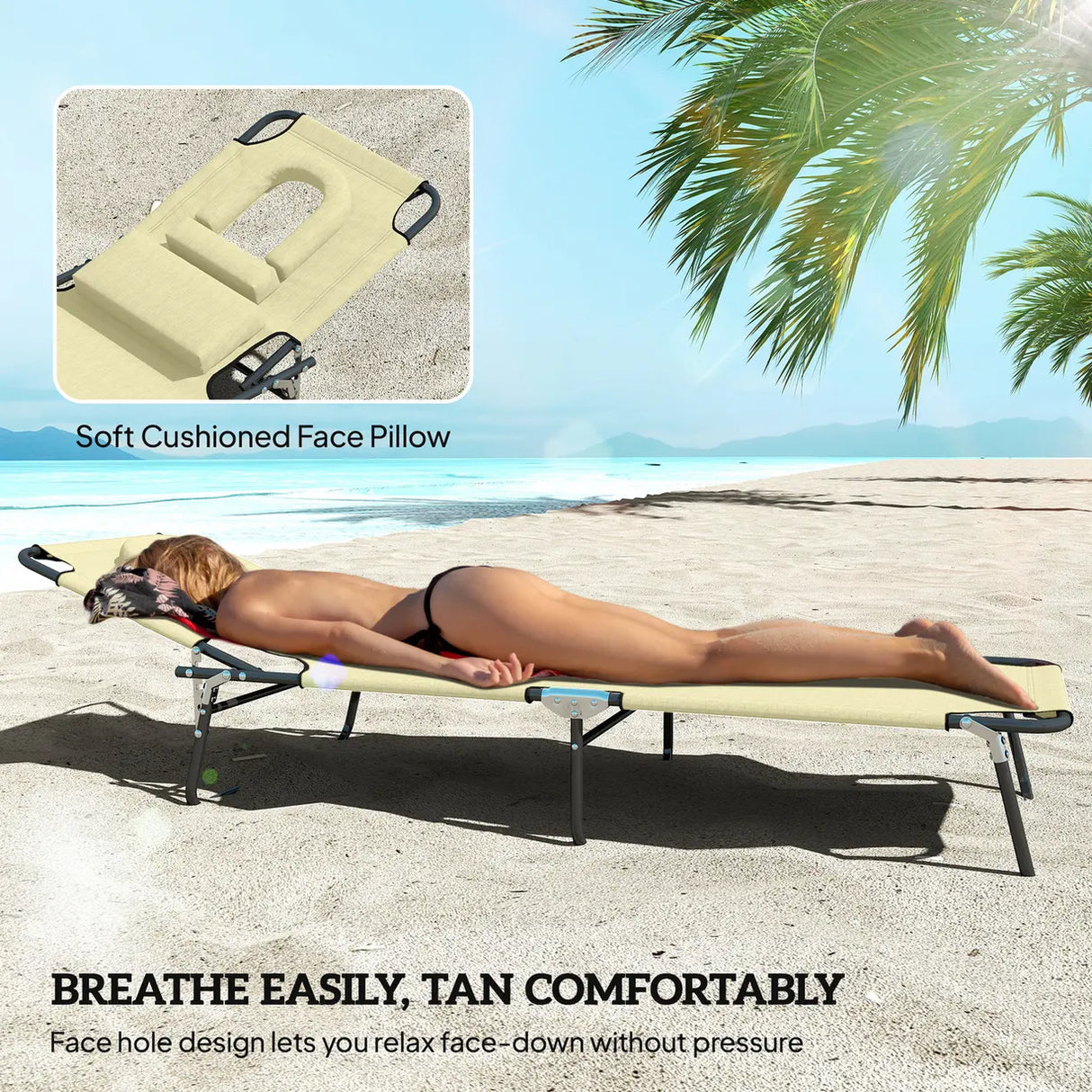 Outsunny Folding Sun Loungers Set of 2 with Face Hole, 4-Position Adjustable Backrest Garden Recliner Chairs Sunbeds, Outdoor Lounge Chairs with 600 D Oxford Cloth Seat, Pillow for Beach, Beige