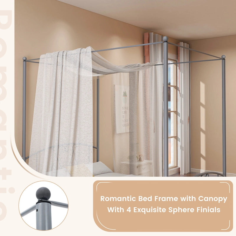 Double Size Metal Canopy Bed Frame-Grey