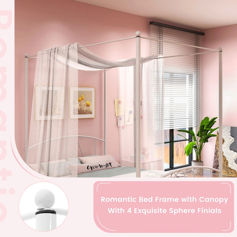 Double Size Metal Canopy Bed Frame-White