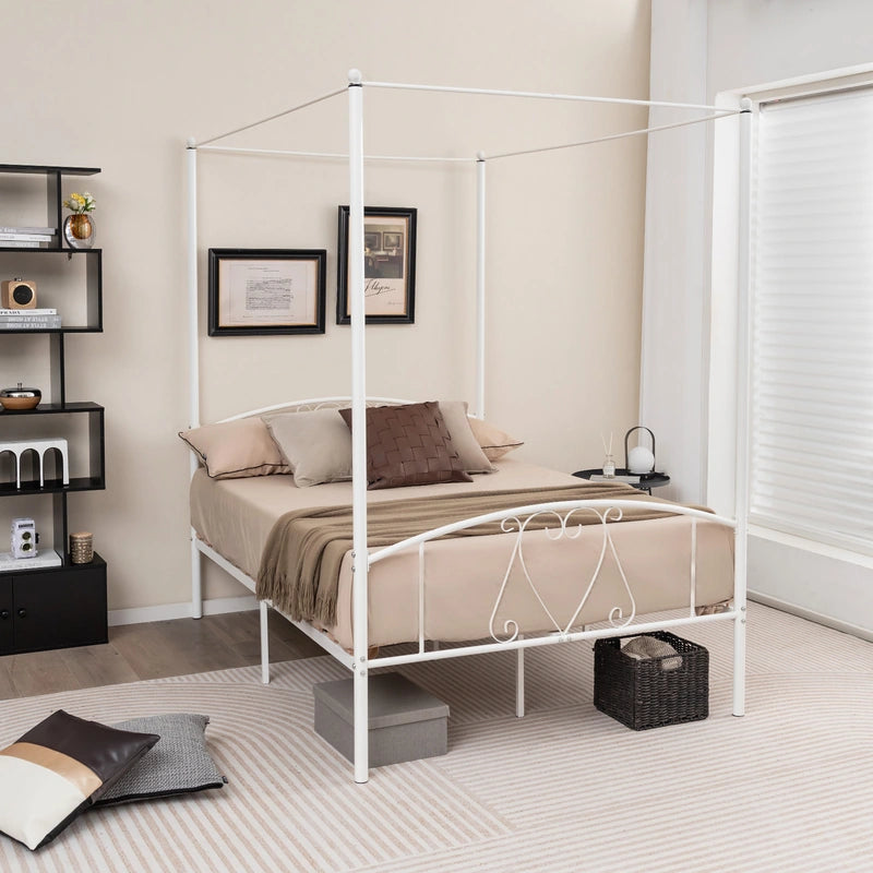 Double Size Metal Canopy Bed Frame-White