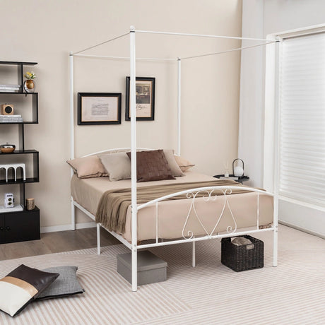 Double Size Metal Canopy Bed Frame-White