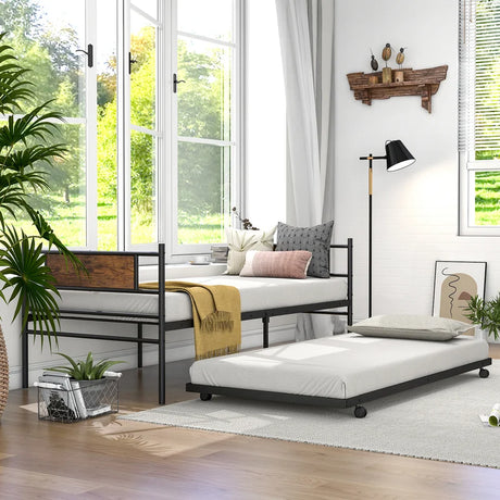 Metal Daybed with Pull-out Trundle Sofa Guest Bed with Wheels-Single Size