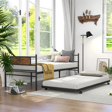 Metal Daybed with Pull-out Trundle Sofa Guest Bed with Wheels-Single Size