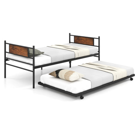 Metal Daybed with Pull-out Trundle Sofa Guest Bed with Wheels-Single Size
