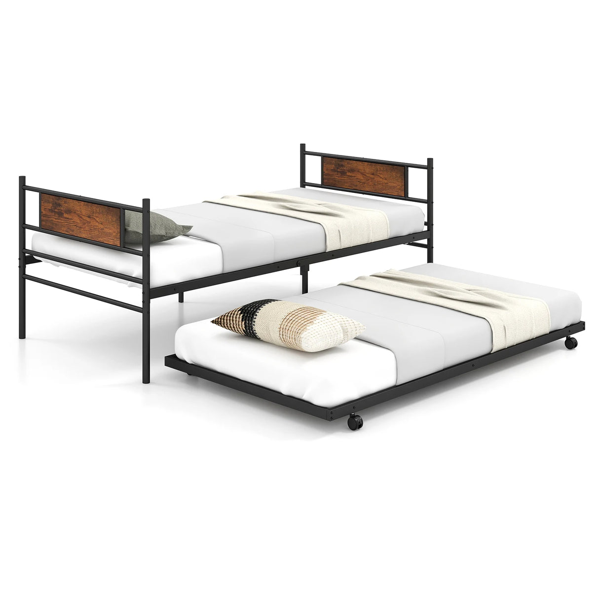 Metal Daybed with Pull-out Trundle Sofa Guest Bed with Wheels-Single Size