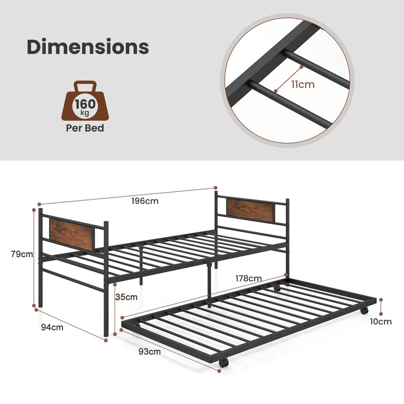 Metal Daybed with Pull-out Trundle Sofa Guest Bed with Wheels-Single Size