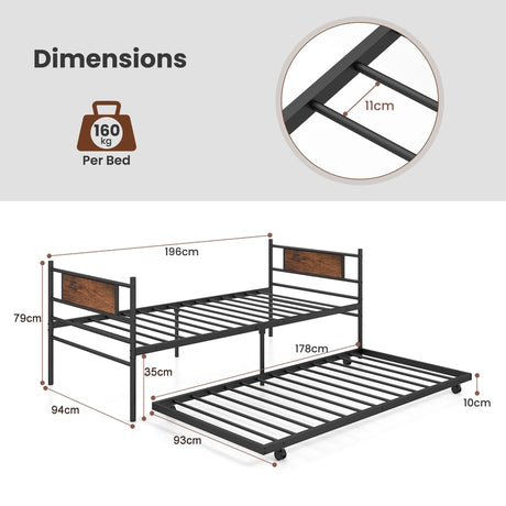 Metal Daybed with Pull-out Trundle Sofa Guest Bed with Wheels-Single Size