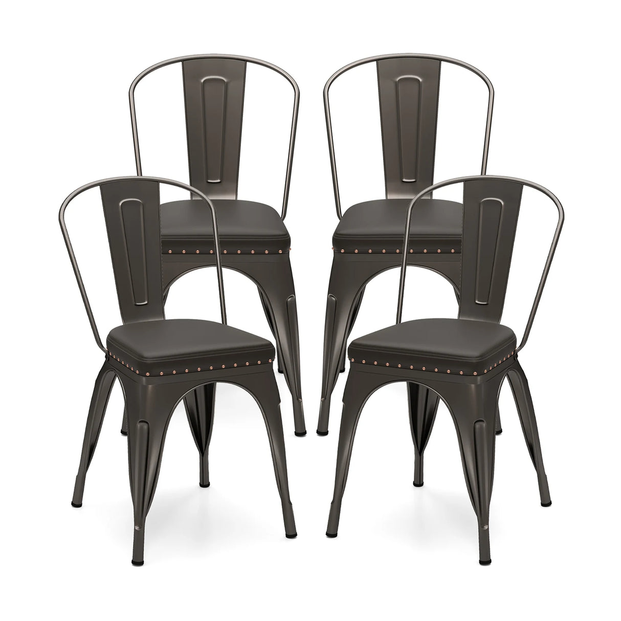 Metal Dining Chair Set of 4 with Removable Backs and PU Leather Cushioned Seat-Brown