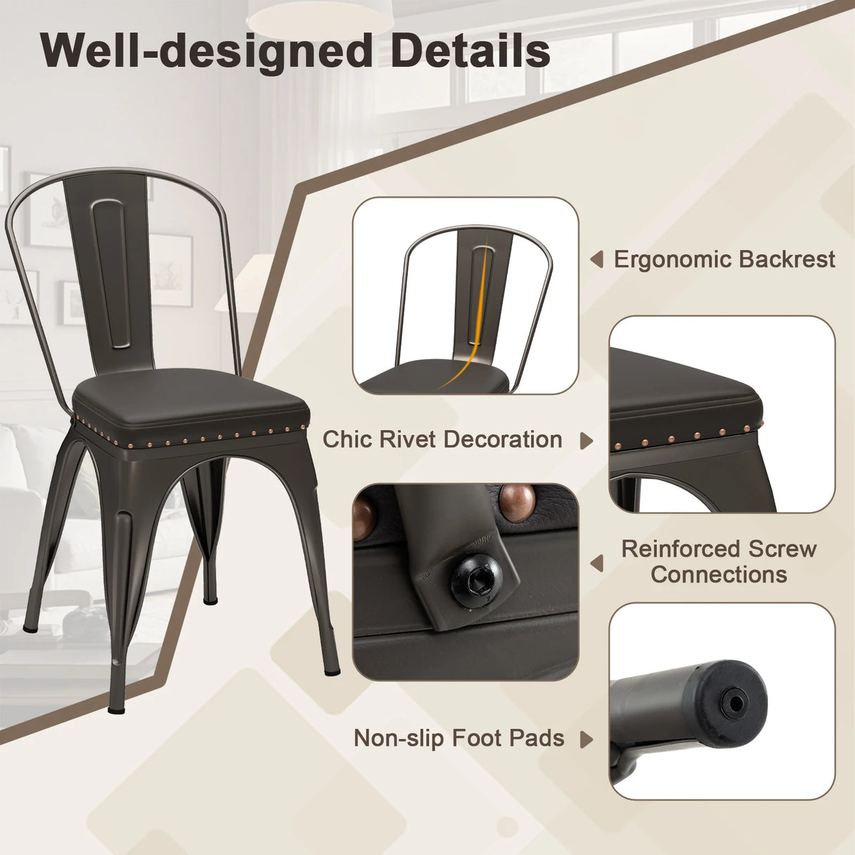Metal Dining Chair Set of 4 with Removable Backs and PU Leather Cushioned Seat-Brown