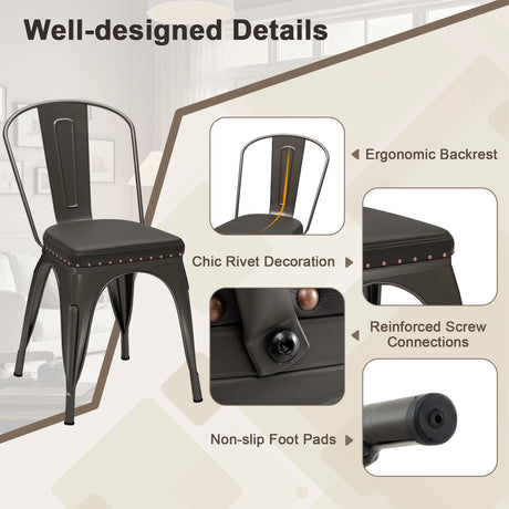Metal Dining Chair Set of 4 with Removable Backs and PU Leather Cushioned Seat-Brown