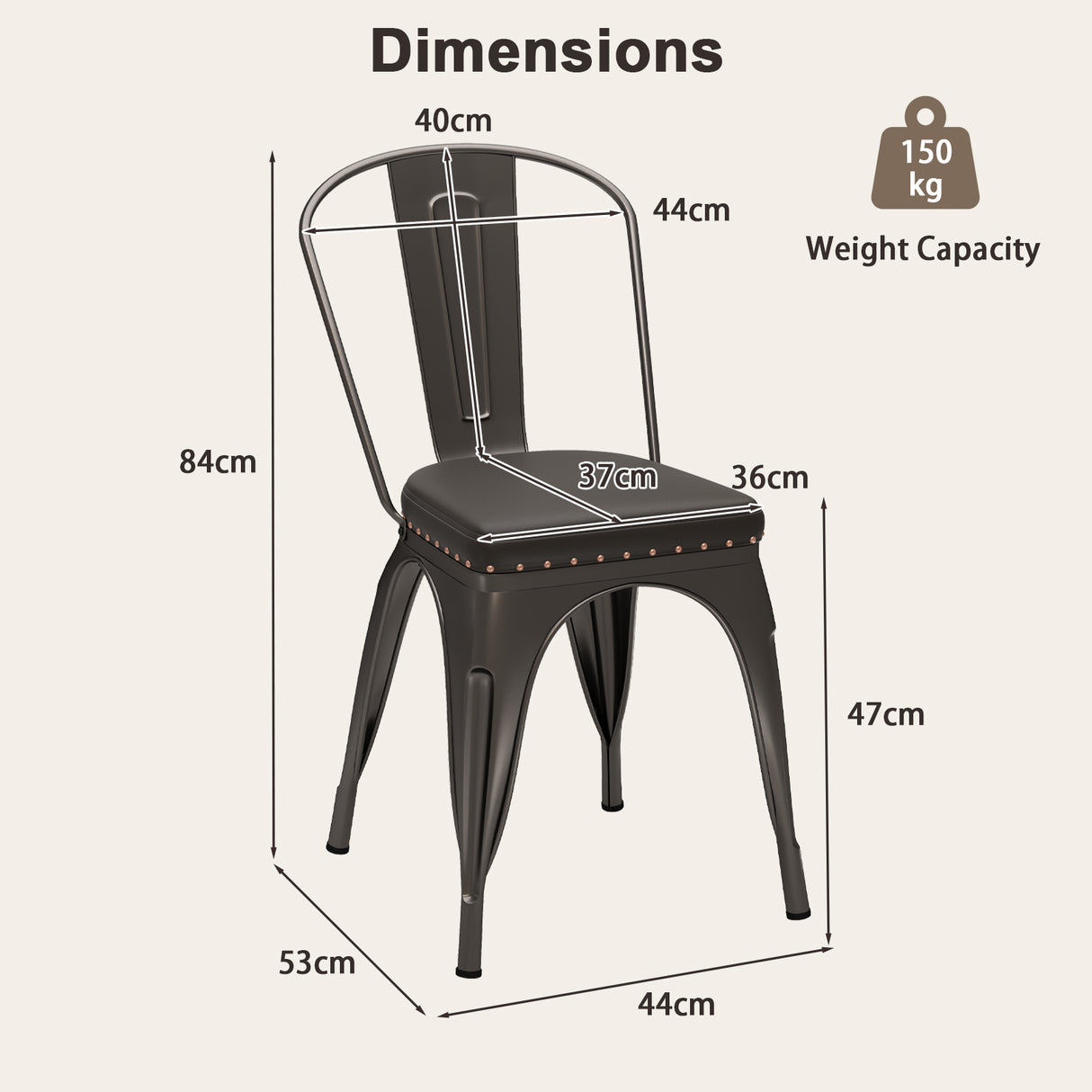 Metal Dining Chair Set of 4 with Removable Backs and PU Leather Cushioned Seat-Brown