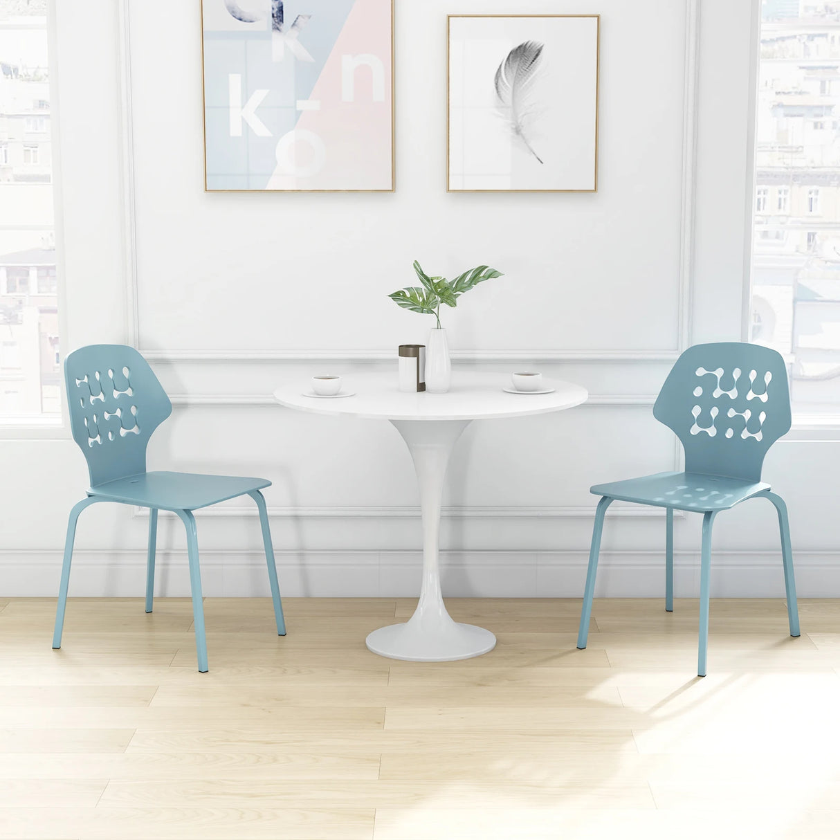Set of 4 Metal Dining Chair with Hollowed Backrest and Metal Legs-Blue