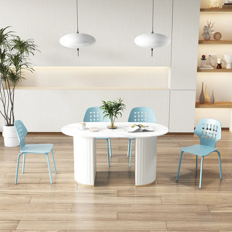 Set of 4 Metal Dining Chair with Hollowed Backrest and Metal Legs-Blue