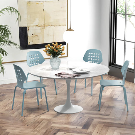 Set of 4 Metal Dining Chair with Hollowed Backrest and Metal Legs-Blue