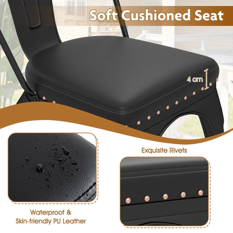 Metal Dining Chair Set of 4 with Removable Backs and PU Leather Cushioned Seat-Black