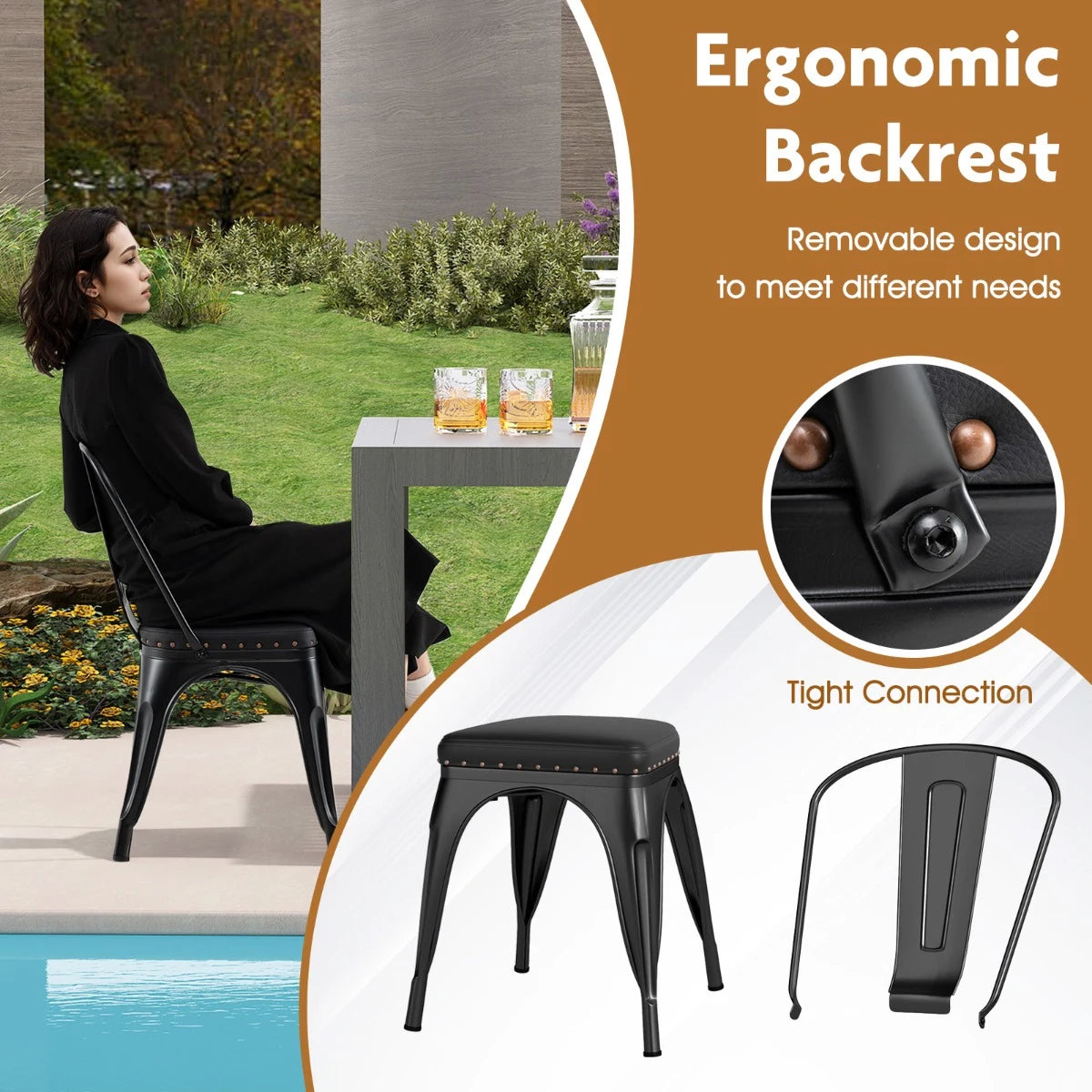 Metal Dining Chair Set of 4 with Removable Backs and PU Leather Cushioned Seat-Black