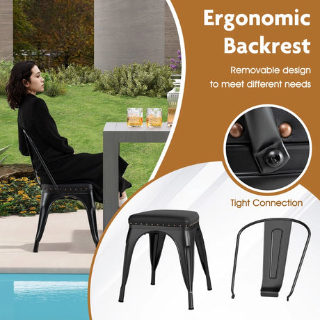 Metal Dining Chair Set of 4 with Removable Backs and PU Leather Cushioned Seat-Black