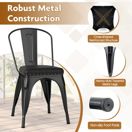 Metal Dining Chair Set of 4 with Removable Backs and PU Leather Cushioned Seat-Black