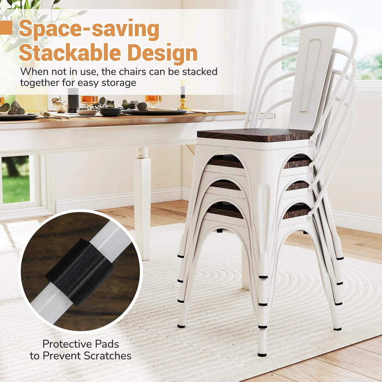 Metal Dining Chairs Set of 4 Stackable Kitchen Side Chairs-White
