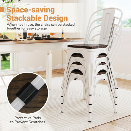 Metal Dining Chairs Set of 4 Stackable Kitchen Side Chairs-White