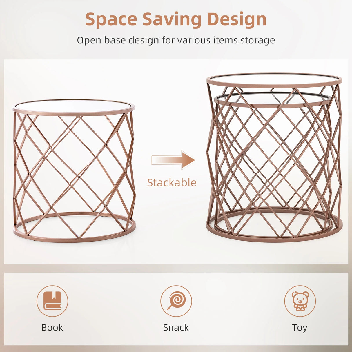 Stackable Metal Frame End Table Set of 2 with Mirrored Top-Rose Gold