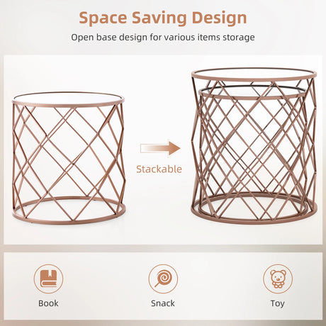 Stackable Metal Frame End Table Set of 2 with Mirrored Top-Rose Gold