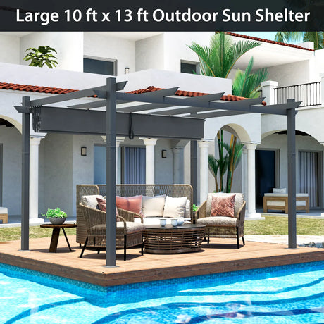 10 x 13 Feet Outdoor Aluminum Retractable Pergola Canopy Shelter-Gray