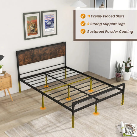 Metal Platform Bed with 9 Support Legs-Queen Size