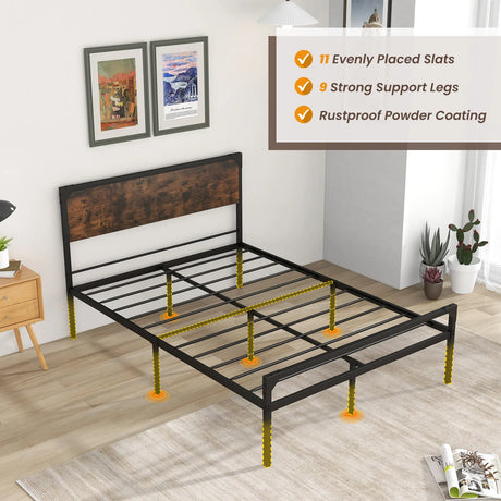 Metal Platform Bed with 9 Support Legs-Queen Size
