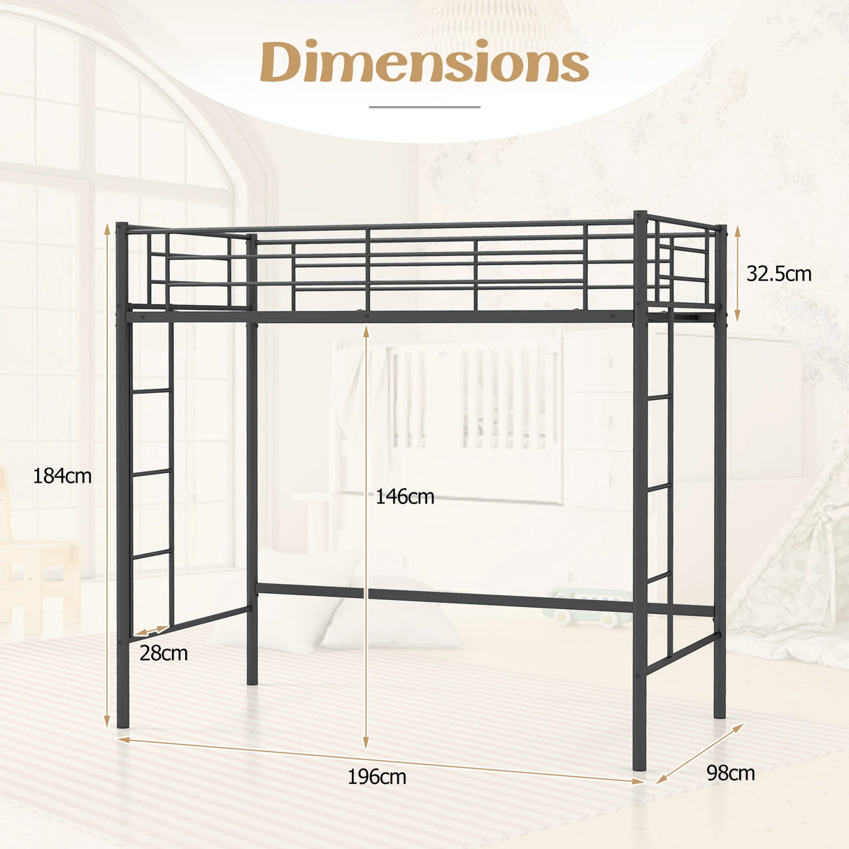 Metal Space-saving Loft Bed Frame with Full-length Safety Guardrail-Black
