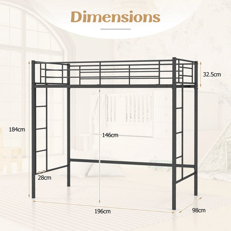 Metal Space-saving Loft Bed Frame with Full-length Safety Guardrail-Black