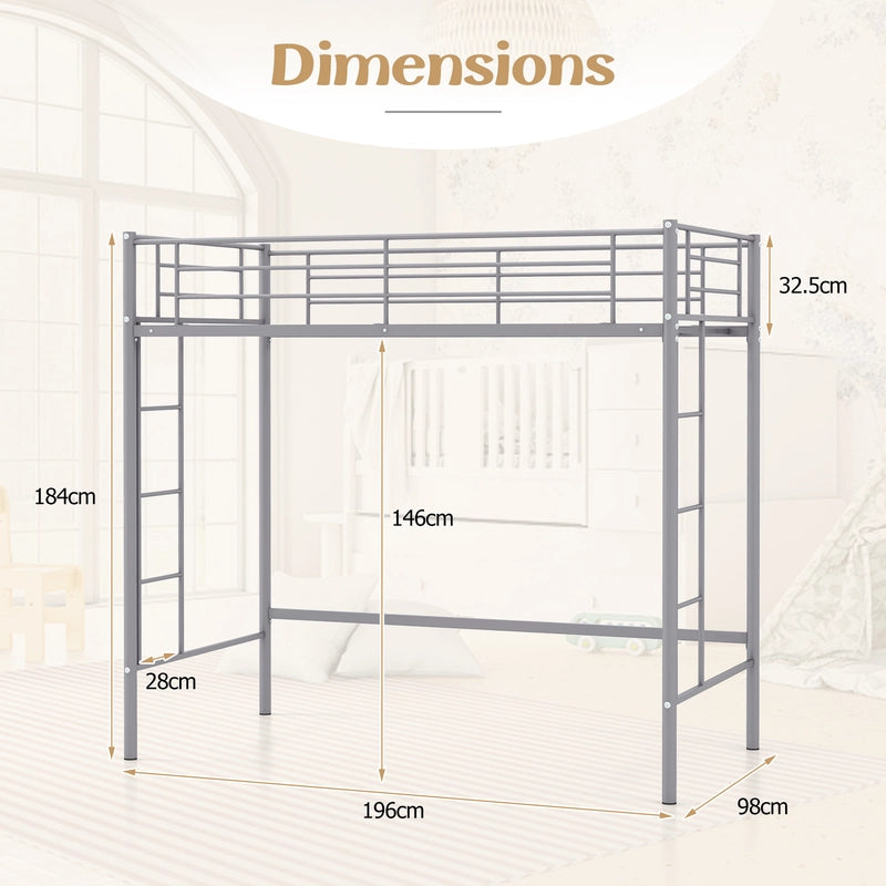Metal Space-saving Loft Bed Frame with Full-length Safety Guardrail-Silver