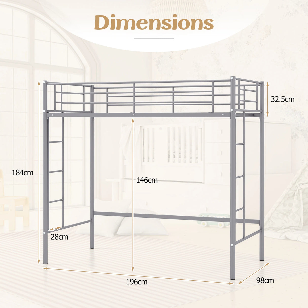 Metal Space-saving Loft Bed Frame with Full-length Safety Guardrail-Silver