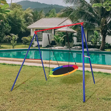 Metal Swing Frame with Ground Stakes and Carabiners-Blue &amp; Red