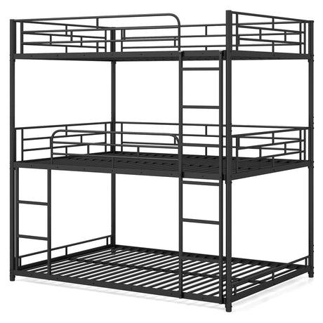 Metal Triple Bunk Bed with Safety Guardrails and 2 Ladders-Black