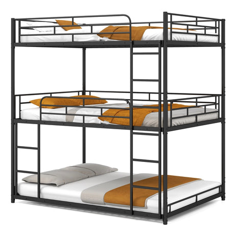Metal Triple Bunk Bed with Safety Guardrails and 2 Ladders-Black