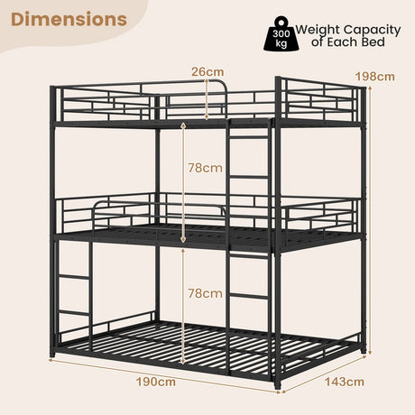 Metal Triple Bunk Bed with Safety Guardrails and 2 Ladders-Black