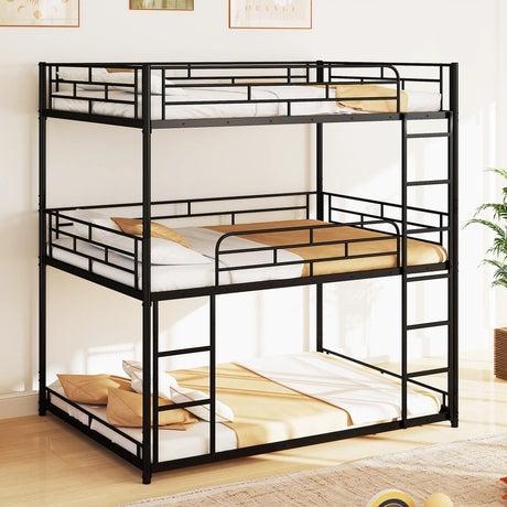 Metal Triple Bunk Bed with Safety Guardrails and 2 Ladders-Black