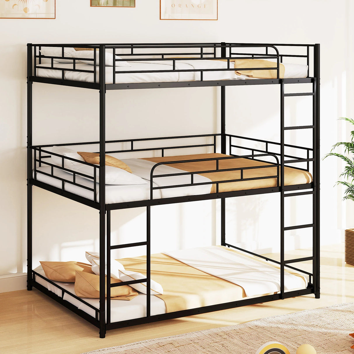 Metal Triple Bunk Bed with Safety Guardrails and 2 Ladders-Black