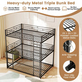 Metal Triple Bunk Bed with Safety Guardrails and 2 Ladders-Black