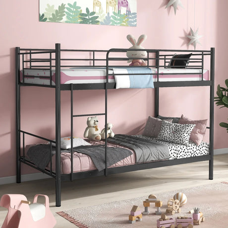 Metal Twin Over Twin Bunk Beds with Ladder and Full-length Guardrails-Black