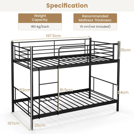 Metal Twin Over Twin Bunk Beds with Ladder and Full-length Guardrails-Black
