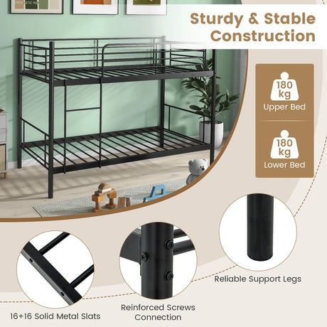 Metal Twin Over Twin Bunk Beds with Ladder and Full-length Guardrails-Black