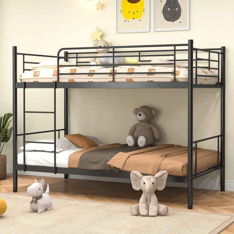 Metal Twin Over Twin Bunk Beds with Ladder and Full-length Guardrails-Black