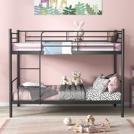 Metal Twin Over Twin Bunk Beds with Ladder and Full-length Guardrails-Black