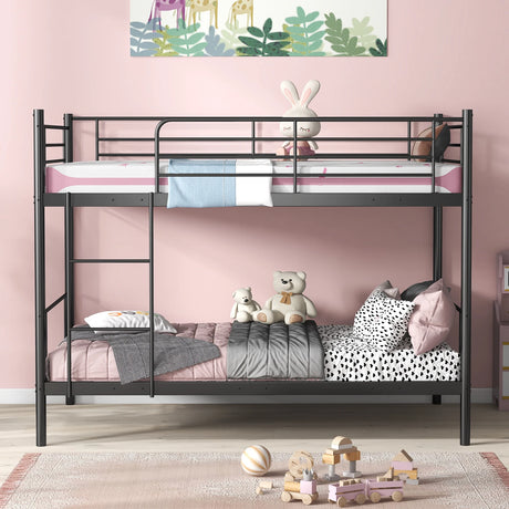 Metal Twin Over Twin Bunk Beds with Ladder and Full-length Guardrails-Black