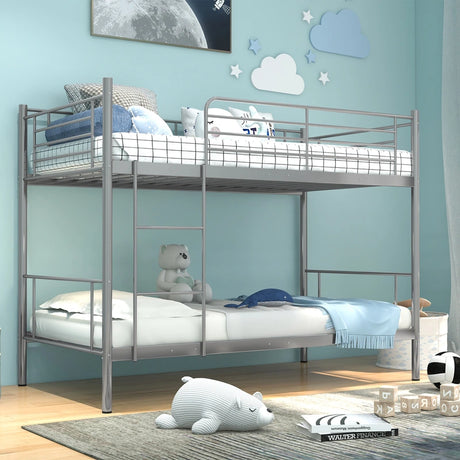 Metal Twin Over Twin Bunk Beds with Ladder and Full-length Guardrails-Silver