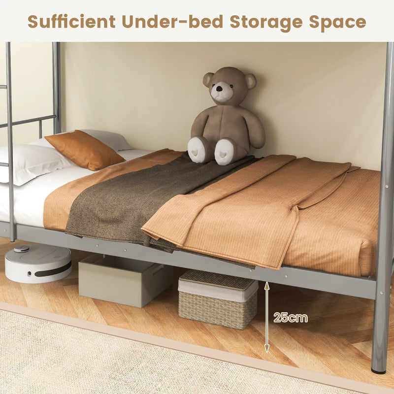Metal Twin Over Twin Bunk Beds with Ladder and Full-length Guardrails-Silver